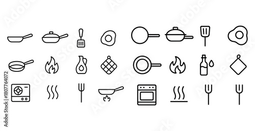 Cooking icon set: utensils, eggs, fire, oven, and kitchen elements