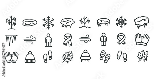 Winter icons set: snowflakes, trees, wind, clothing, and nature symbols