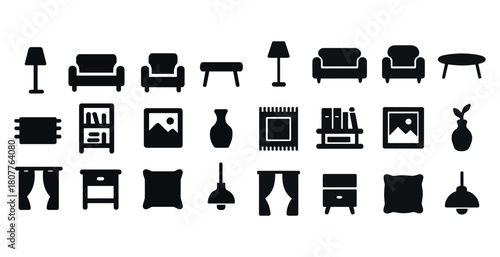 Silhouette icons of home furniture and decor elements