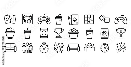Line art icons of gaming, drinks, snacks, trophies, and social activities