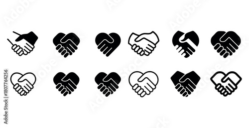 Collection of diverse handshake and heart icons in black and white