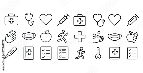 Healthcare icons set: medical tools, health symbols, exercise, hygiene, wellness