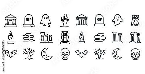 Halloween icon set with ghosts, tombstones, and haunted elements