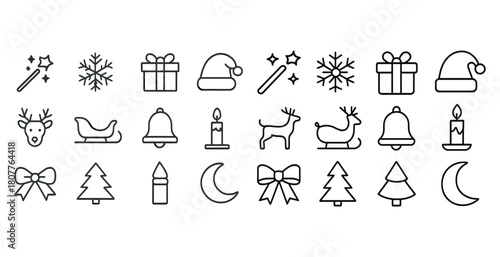 Collection of christmas holiday icons: gifts, sleigh, trees, snowflakes, candles, reindeer