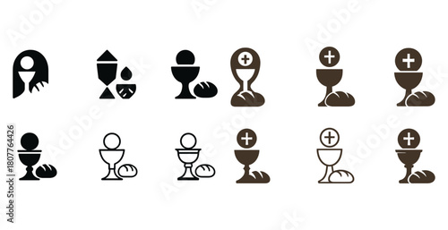 Religious icons: communion symbols of chalice, bread, and priestess silhouettes