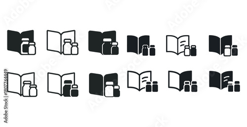 Medical icons set: book and medication bottles in monochrome design