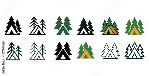 Set of geometric camping logos with pine trees and tents in various designs