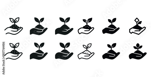 Collection of hand and plant icons symbolizing growth and nature