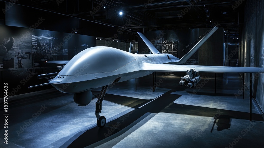 Fototapeta premium A modern war drone prototype is on display in a factory setting, highlighting advanced technology and manufacturing