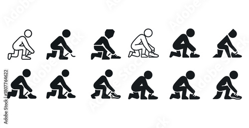 Pictogram sequence of people tying shoelaces in various positions