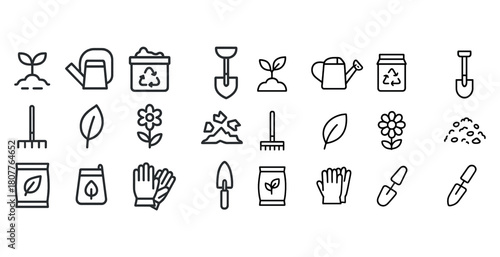 Gardening icon set with tools and plants for eco-friendly landscaping