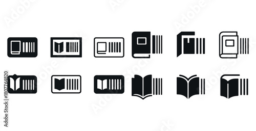 Set of 12 book and barcode icons with open and closed books