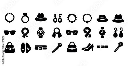 Collection of fashion accessories icons: hats, jewelry, bags, sunglasses, watches, shoes