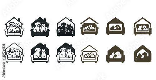 Set of pet shelter icons featuring dogs and cats in various styles