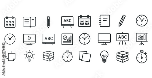 Collection of education and office icon set featuring clocks and calendars
