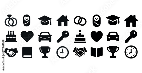 Collection of simple black icon set including house, car, and trophy symbols