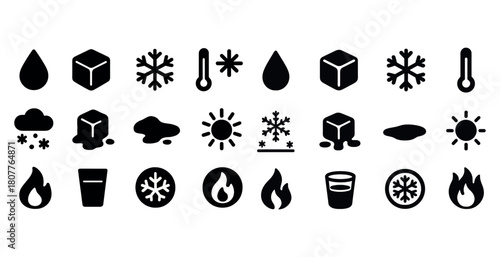Weather and temperature icons: snowflake, sun, thermometer, fire, water, ice