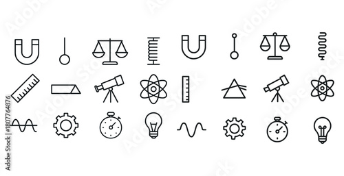 Science and physics outline icons collection: magnet, scale, atom, telescope
