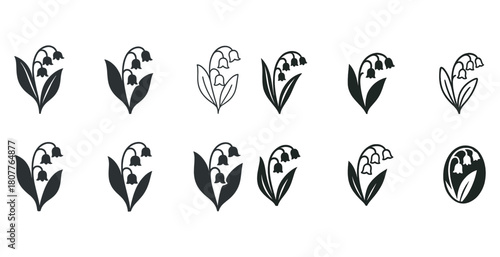 Black and white lily of the valley icon set with various floral designs