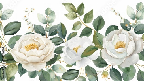 watercolor illustration of white rose flowers and leaves, seamless illustration