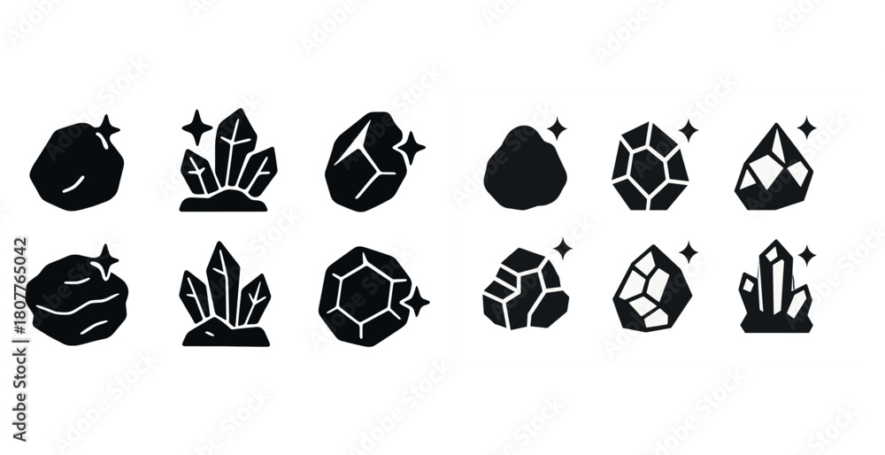 Fototapeta premium Stylized black crystal and gemstone icons with sparkle elements