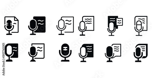 Set of audio recording icons with microphone and document variations