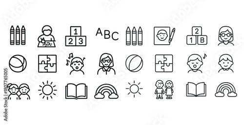 Set of education and childhood icons featuring puzzles, books, crayons, and children