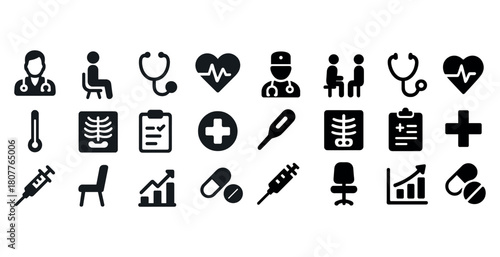 Healthcare icons: medical, doctor, stethoscope, heartbeat, x-ray, pills, injection, cross