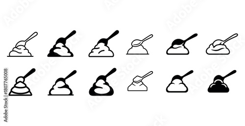 Minimalist icon set of spoon with cream variations in black and white
