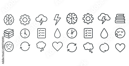 Set of minimalist line art icons including brain, time, weather, and emotions
