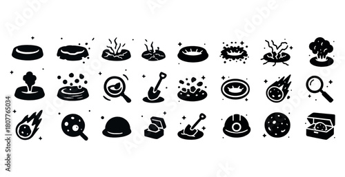 Set of black icon illustrations of various space and science objects and phenomena