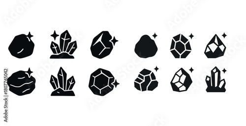 Stylized black crystal and gemstone icons with sparkle elements