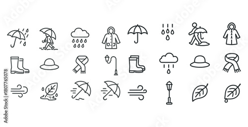 Weather icons set: umbrella, raincoat, cloud, wind, leaf, boots, hat, scarf illustrations