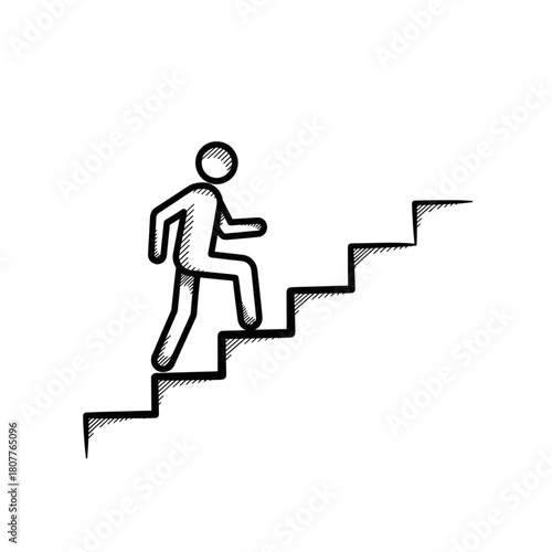 Minimalist black vector of a person climbing stairs, symbolizing progress, growth, motivation, achievement, and personal development. Isolated on a transparent background