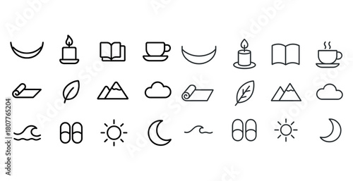 Minimalist wellness icons: candle, book, cup, nature, sun, moon, cloud