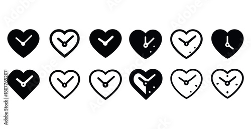 Heart-shaped clock icon set in various styles and designs
