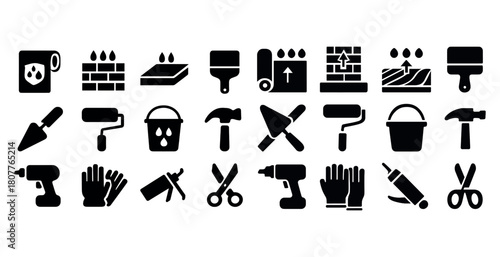 Black construction tool icons: brushes, rollers, tools, drill, gloves