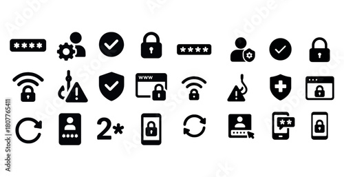 Collection of cyber security icons including passwords and privacy locks