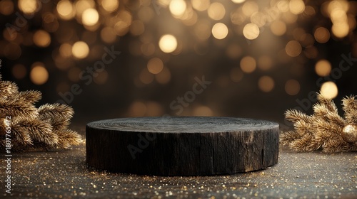 Empty podium showcasing product against a dark background with golden christmas lights and tree branch