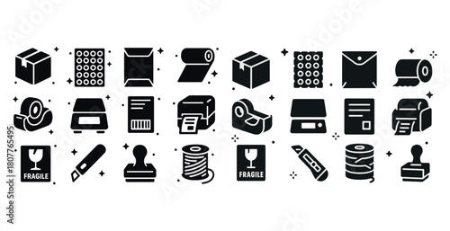 Shipping and packaging icons set featuring boxes, tape, bubble wrap, and labels