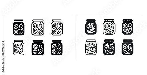 Black and white icons of pickled vegetables in jars with various designs
