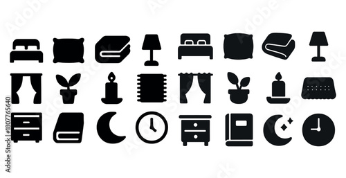 Collection of home and bedroom icons: bed, pillow, lamp, book, curtains, plant, candle, clock