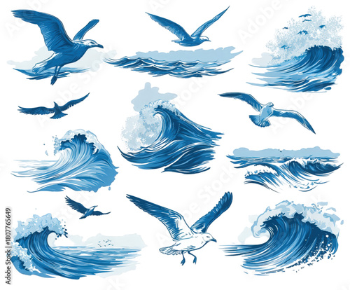 Collection of illustrated blue ocean waves and flying seagulls.