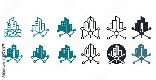 Abstract city network icons collection featuring building and node designs