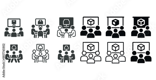 Icon set of collaborative group meetings and presentations in various styles
