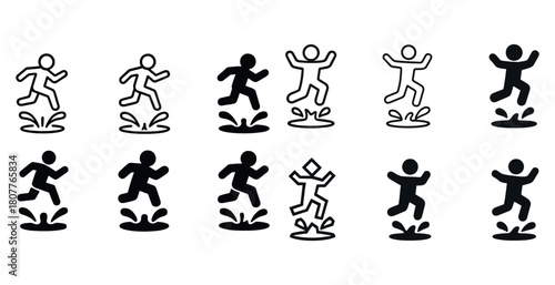 Set of stick figures jumping in puddles in various styles
