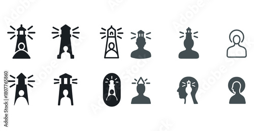 Lighthouse icon set with human and mind elements in black and white