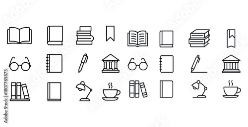 Library and study essentials icons set: books, notebooks, glasses, pen, bookmark, lamp, coffee