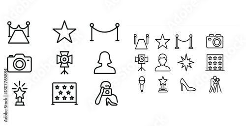 Entertainment icons set featuring camera, stars, microphone, red carpet, and more