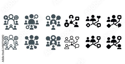 Social media network icons set featuring user interaction symbols